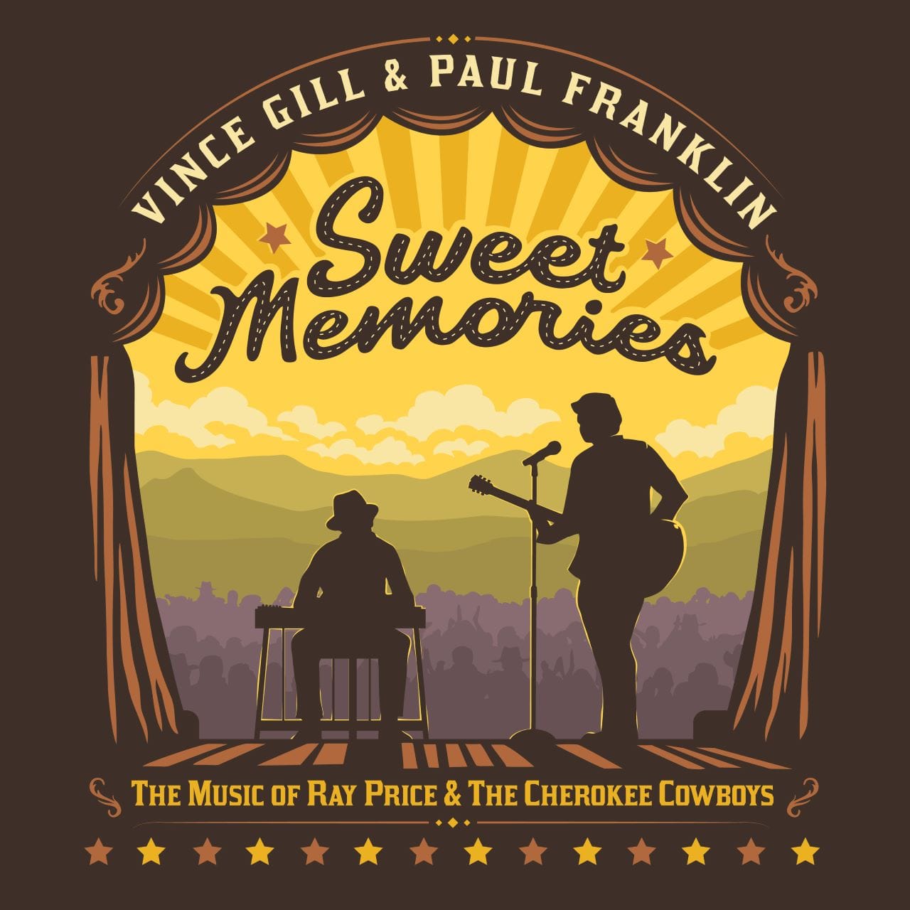 A dieci anni di distanza dal precedente progetto assieme, Vince Gill e il leggendario steel guitarist Paul Franklin tornano con un nuovo ‘tribute album’ il prossimo 4 agosto: “Bakersfield” del 2013 in cui omaggiavano il songbook di Buck Owens e Merle Haggard è ora seguito da questo “Sweet Memories: The Music of Ray Price & The Cherokee Cowboys”, tributo al grande musicista texano il cui baritono è considerato tra le migliori voci della country music, scomparso proprio dieci anni fa. Attraverso undici brani, da “Weary Blues From Waiting” a “Your Old Love Letters”, passando per “Healing Hands Of Time” e “One More Time”, i due celebrano una stagione e un personaggio carismatico il cui repertorio è stato maneggiato con estrema cura andando a ripescare classici e brani meno noti ma significativi per tratteggiarlo nella sua completezza. Vince Gill & Paul Franklin - Sweet Memories. The Music of Ray Price & The Cherokee Cowboys cover album